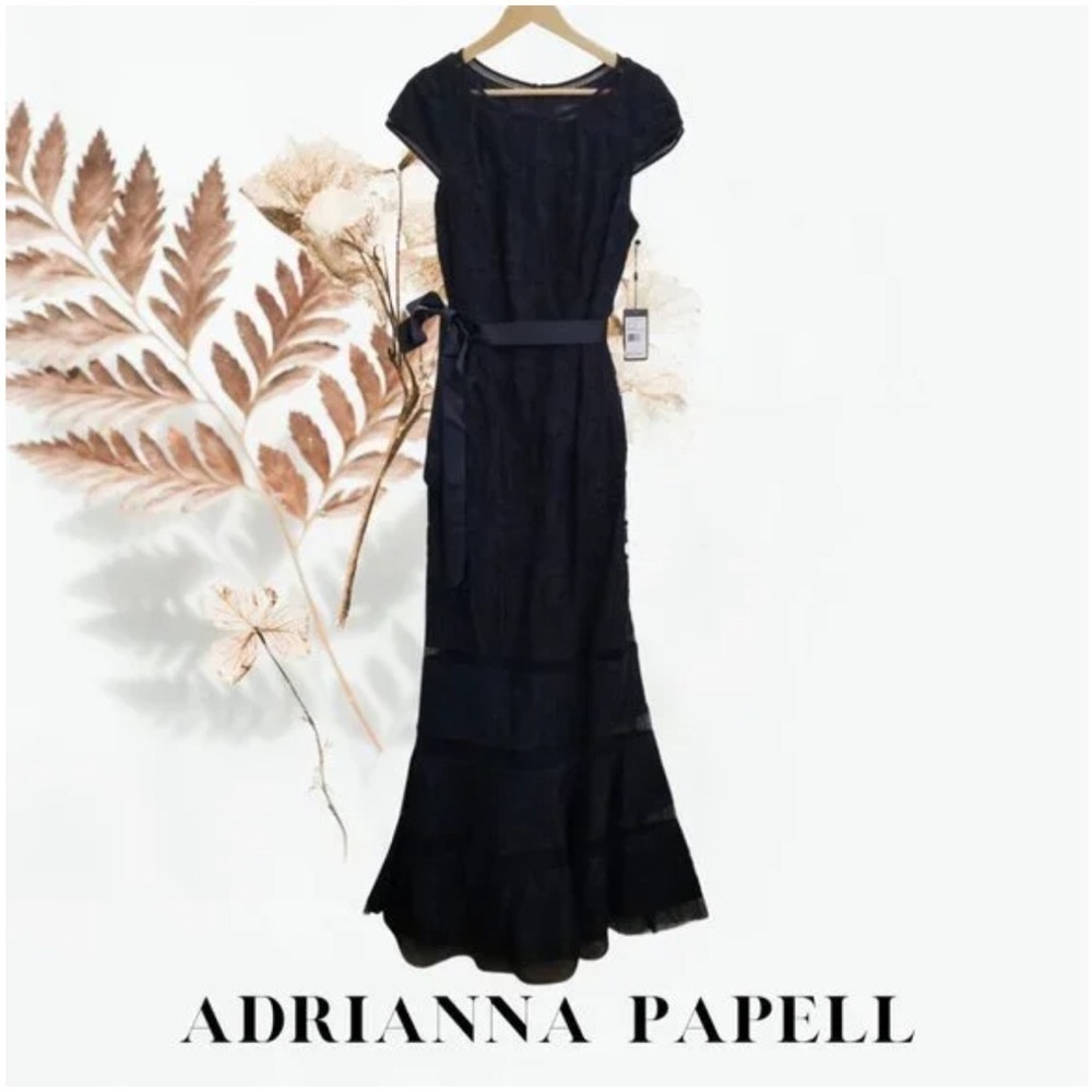 Adrianna Papell Cap Sleeve Navy Lace Gown
